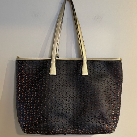 Michael Kors| Black & Gold “Jet Set” Perforated Monogram Large Tote Carryall Bag - Picture 4 of 7